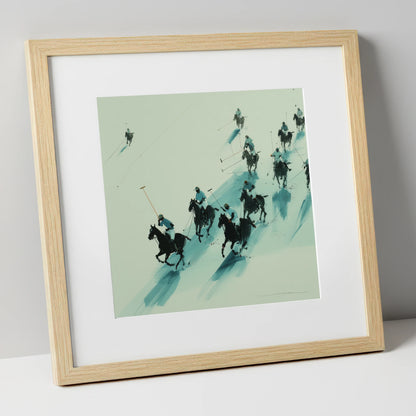 The Downfield Charge polo horse art print in natural frame