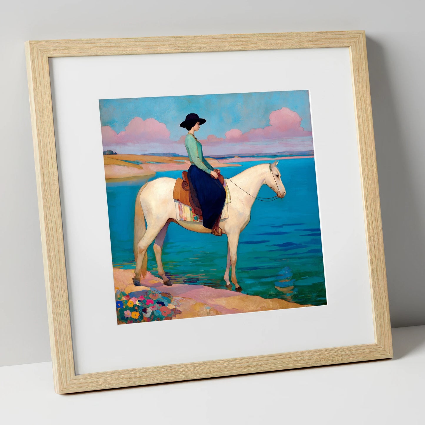 Coastal Reverie beach horse art print in natural frame