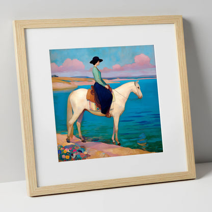 Coastal Reverie beach horse art print in natural frame