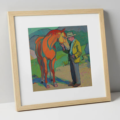Vibrant Companionship horse & rider art print in natural frame