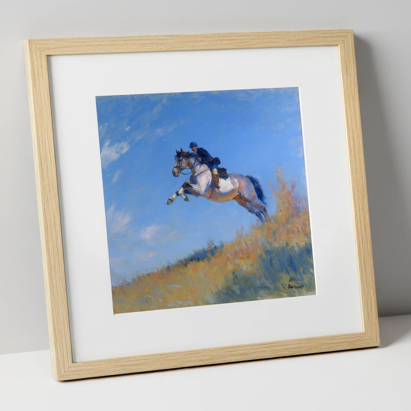 Leap Into the Blue show jumping horse art print in natural frame