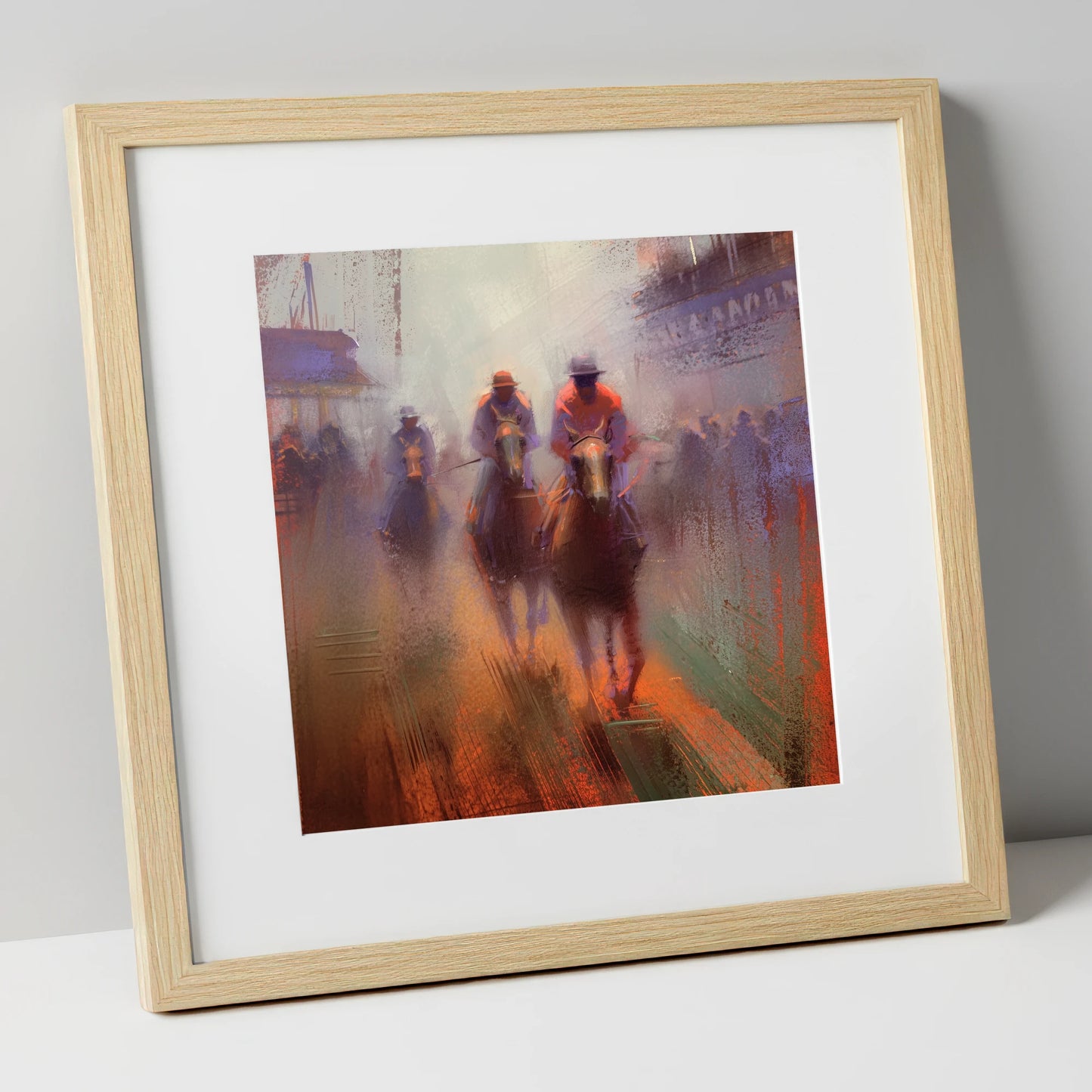 Out of the Haze racing horse art print in natural frame