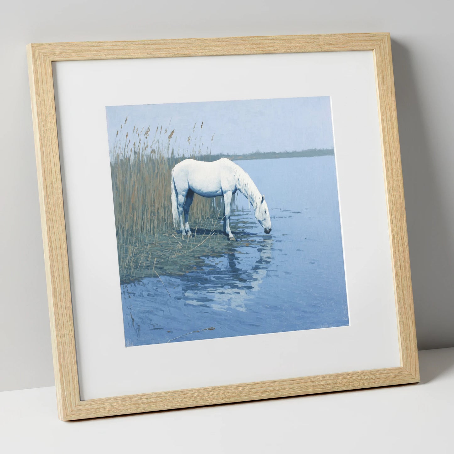 Quiet Marshland Waters horse landscape art print in natural frame