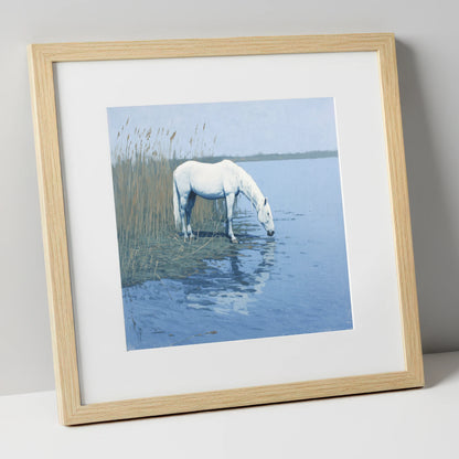 Quiet Marshland Waters horse landscape art print in natural frame