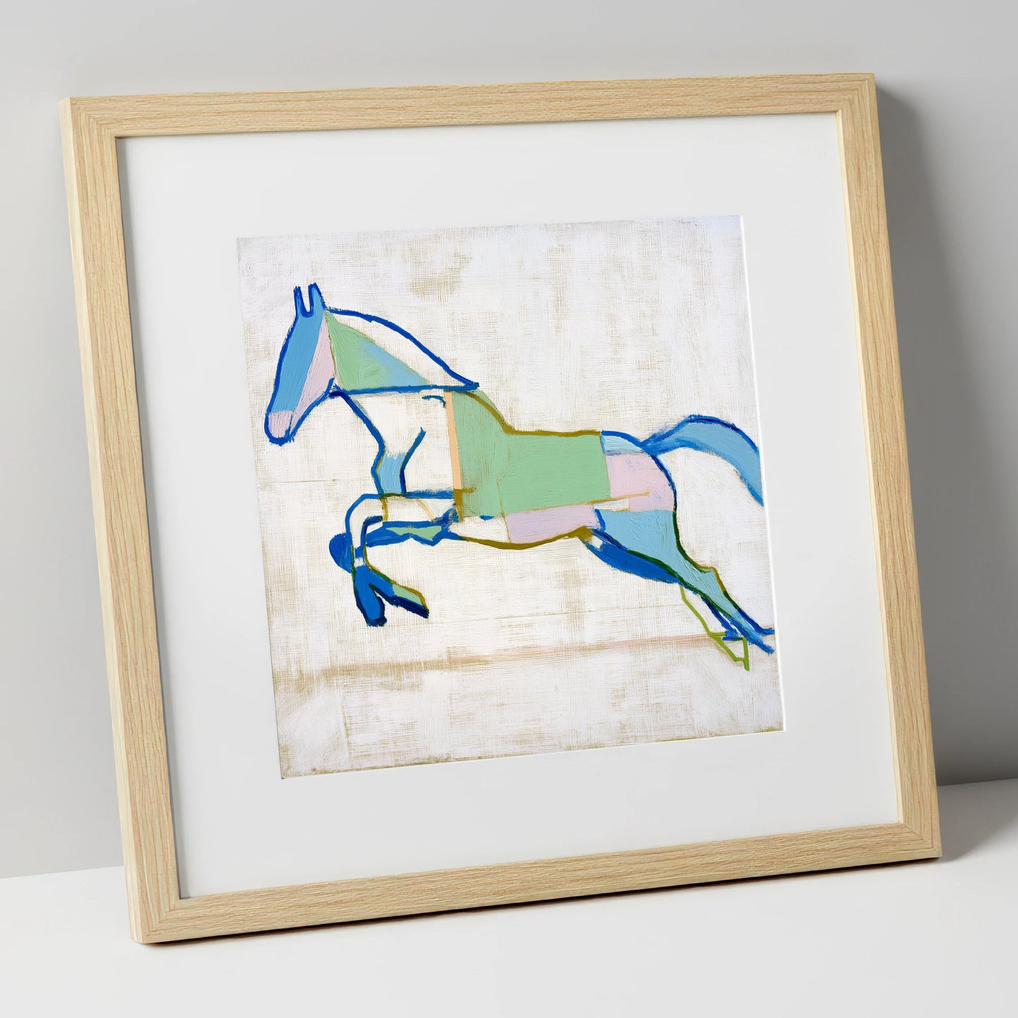 Geometric Azure Leap show jumping horse art print in natural frame