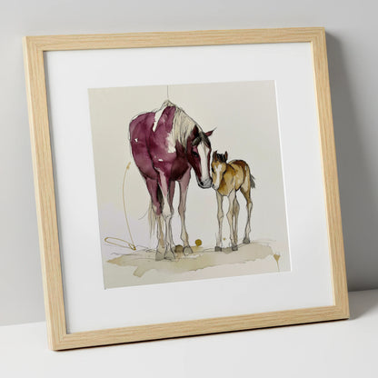 Painted Bond mare & foal art print in natural frame