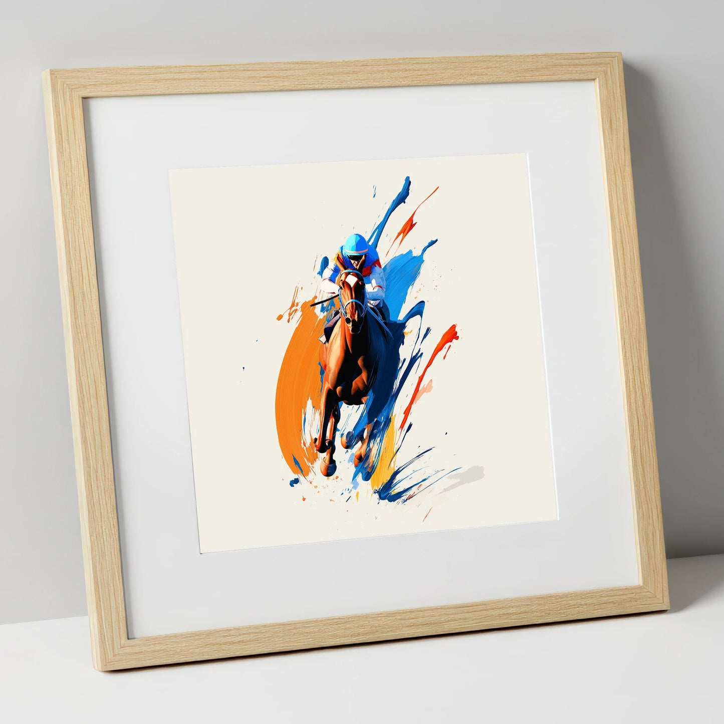 The Front Runner racing horse art print in natural frame
