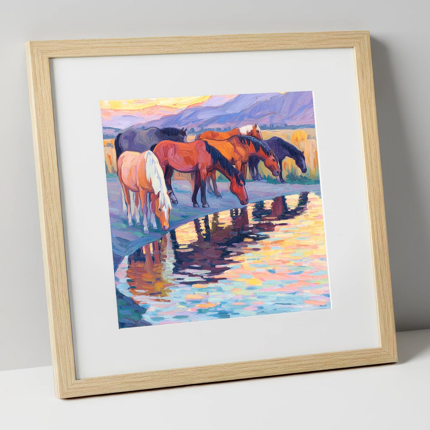 Reflections at Dusk wild horses art print in natural frame
