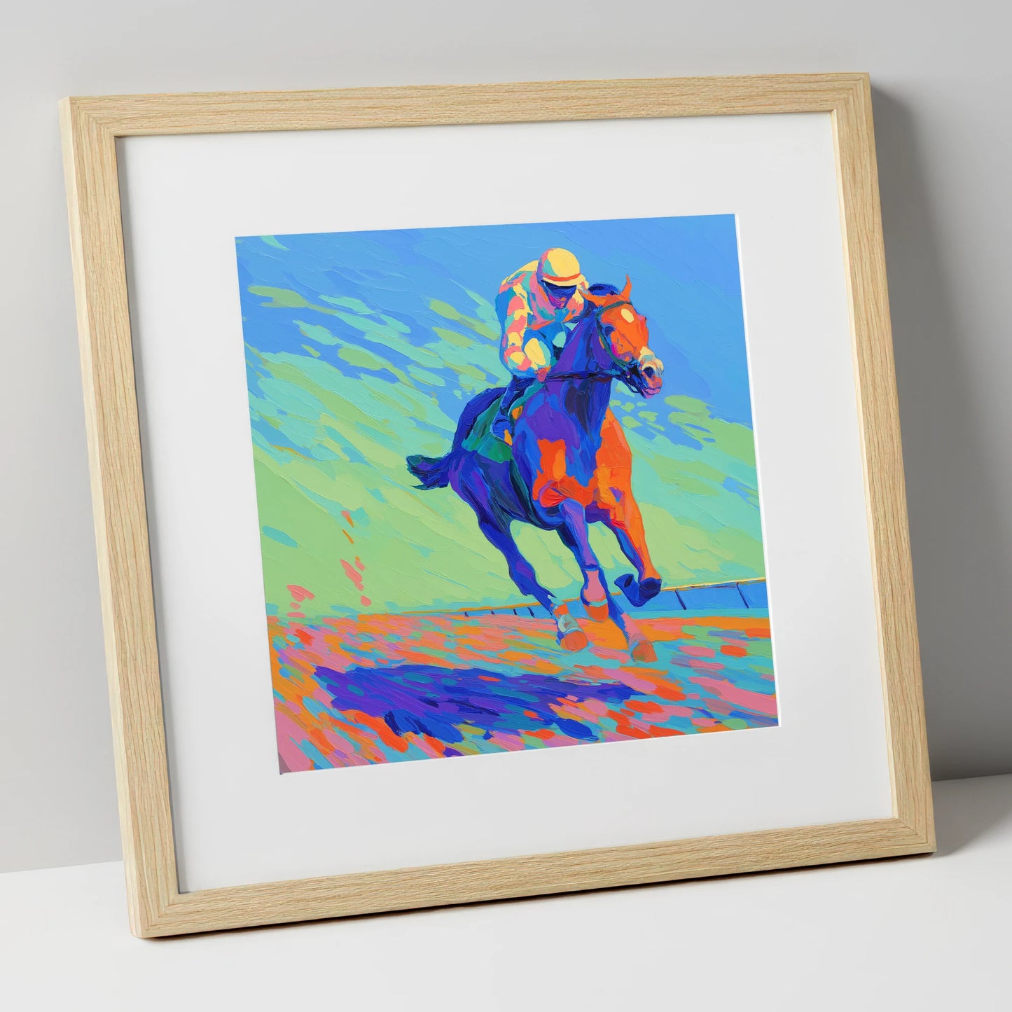 Vibrant Homestretch racing horse art print in natural frame