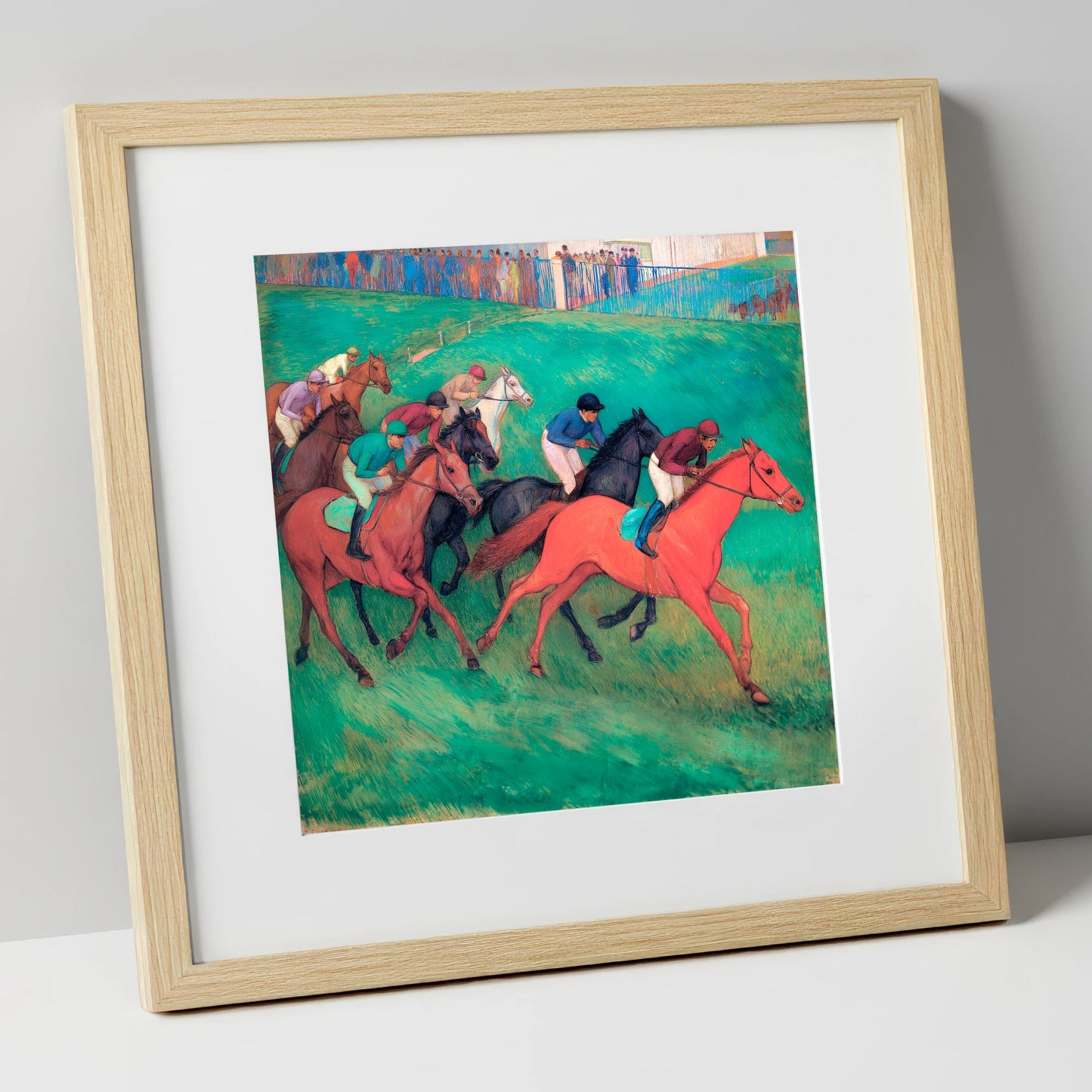 The Crimson Gallop racing horse art print in natural frame