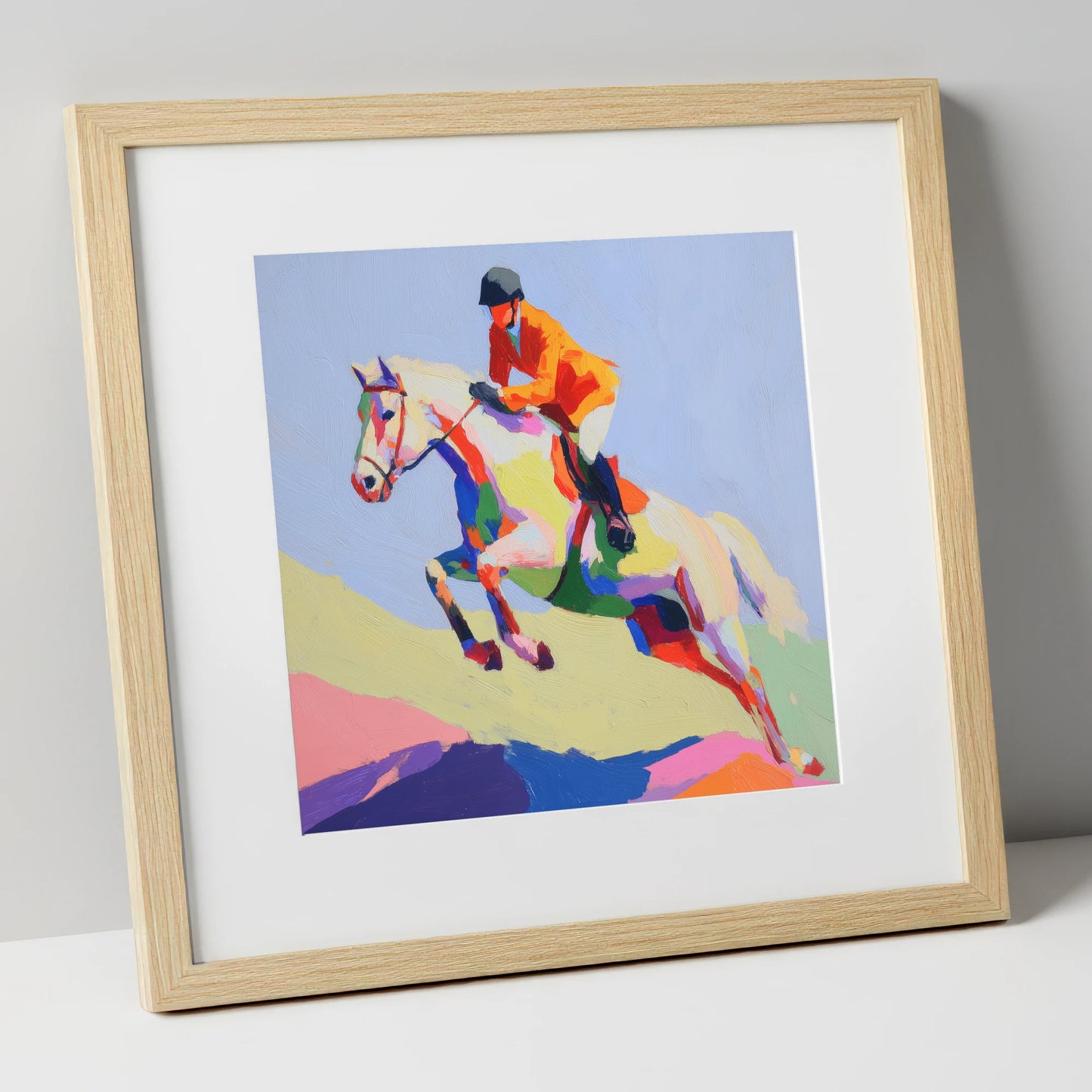 Technicolour Ascent show jumping horse art print in natural frame