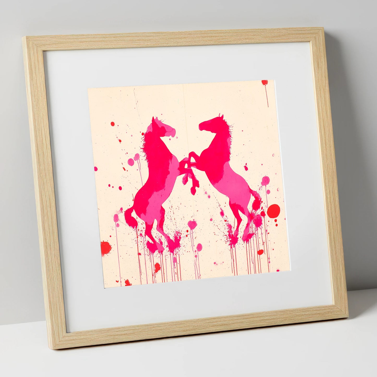 Rearing in Magenta wild horses art print in natural frame