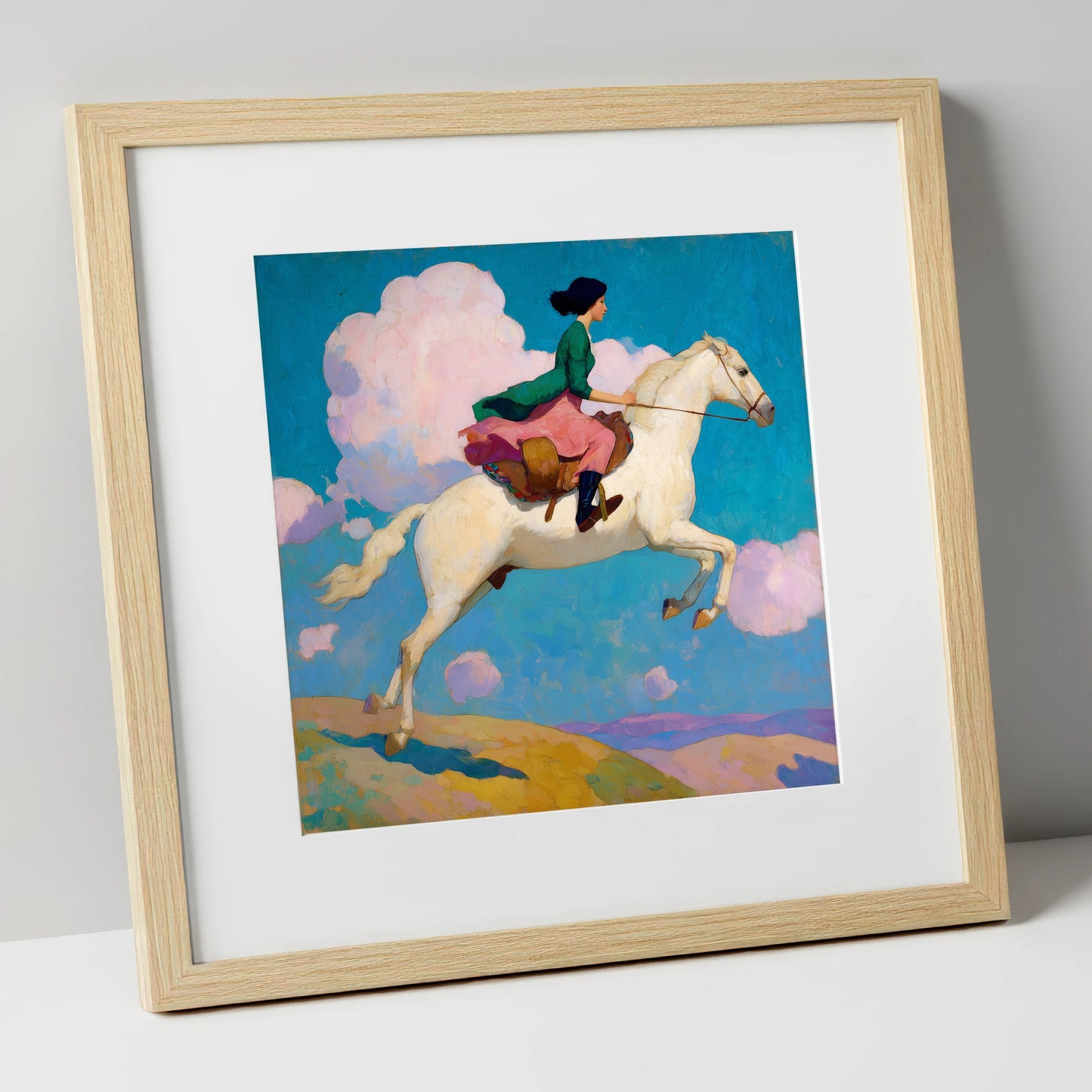Skyward Bound show jumping horse art print in natural frame