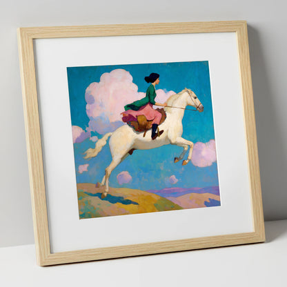Skyward Bound show jumping horse art print in natural frame
