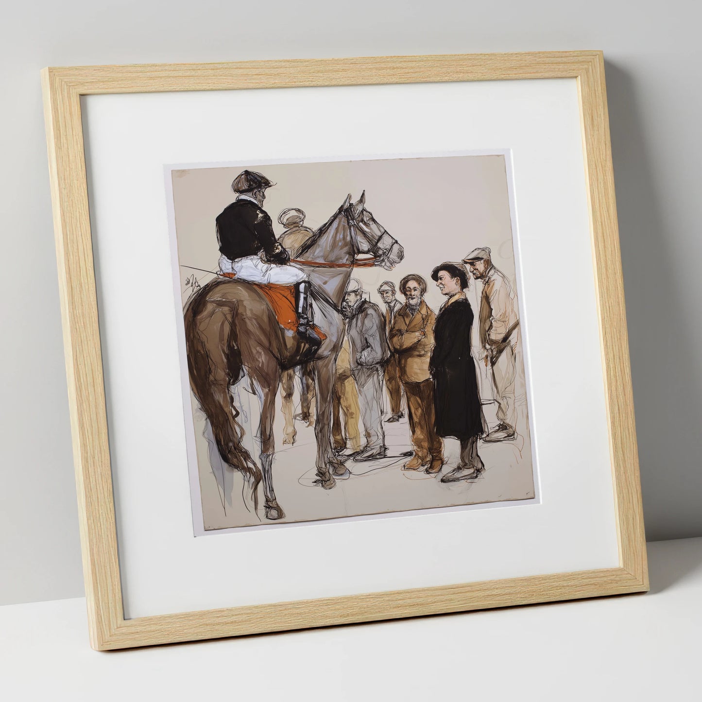 The Paddock Assembly racing horse art print in natural frame