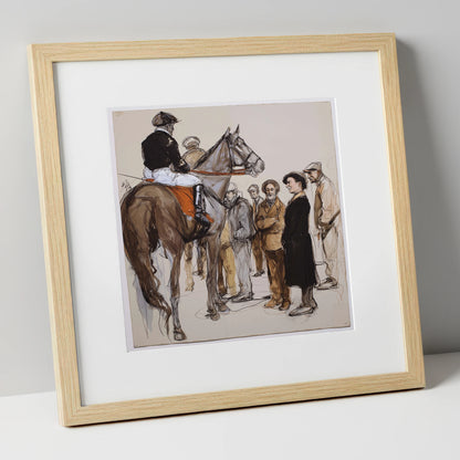 The Paddock Assembly racing horse art print in natural frame
