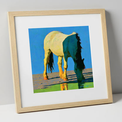 Horse Drinking in Vibrant Light horse breed art print in natural frame