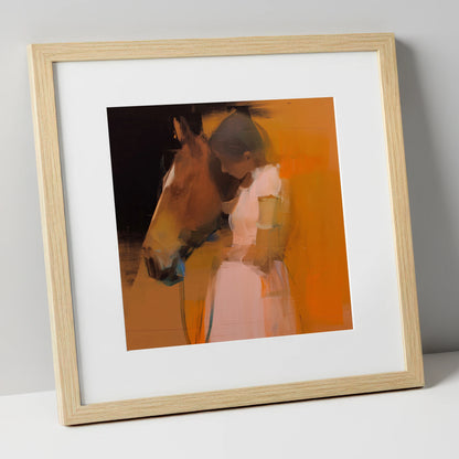A Quiet Connection horse & rider art print in natural frame