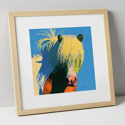 Thick Maned Pony in Blue horse breed art print in natural frame
