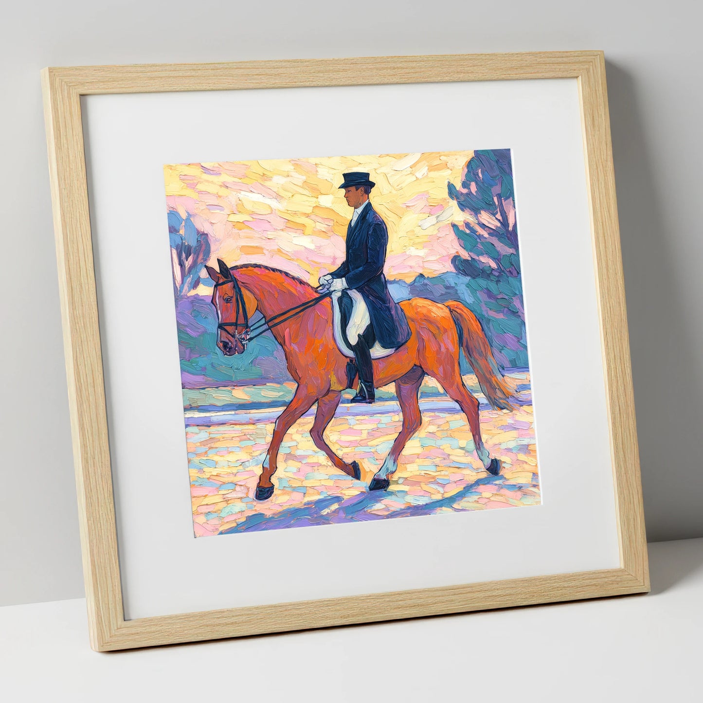 Painted Dressage Elegance dressage horse art print in natural frame