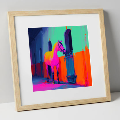Neon Stable Companion horse stable art print in natural frame