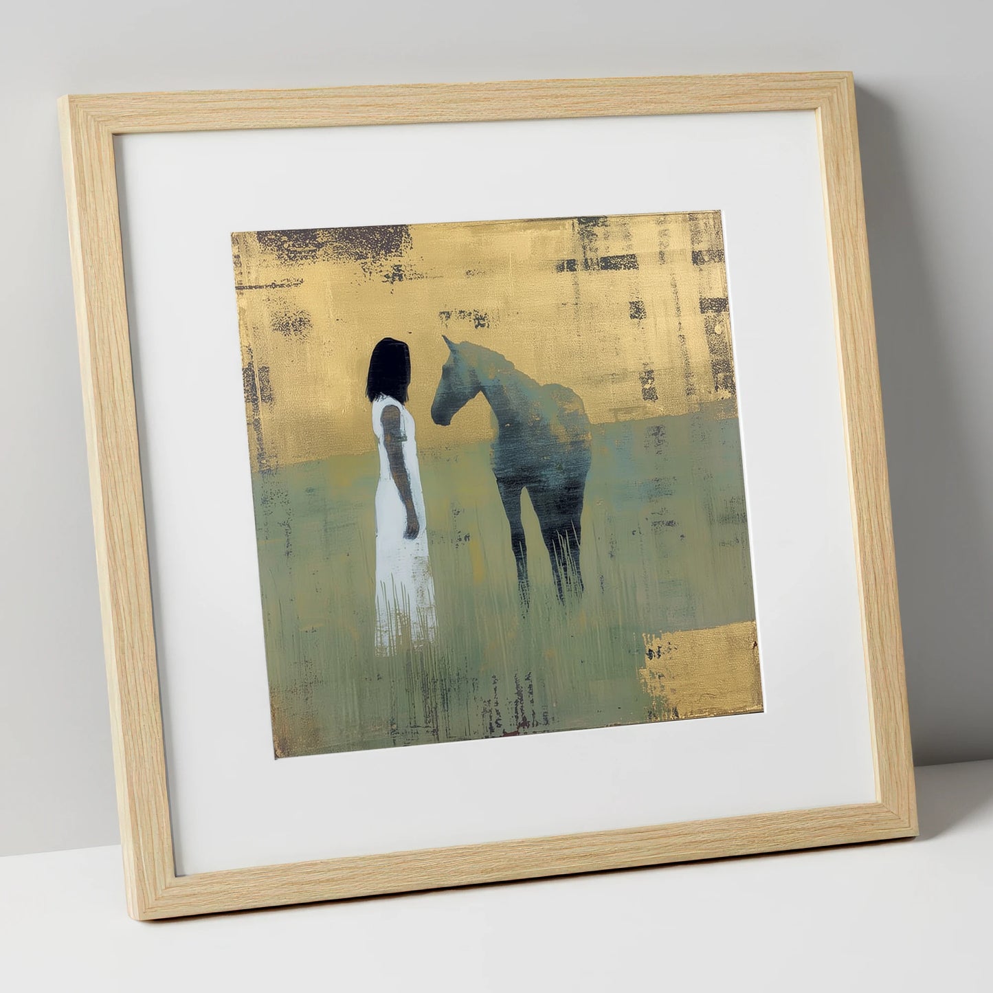 A Quiet Connection horse & rider art print in natural frame