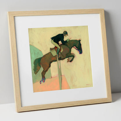 Suspended in Flight show jumping horse art print in natural frame