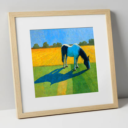 Sunlit Piebald Grazer working horse art print in natural frame