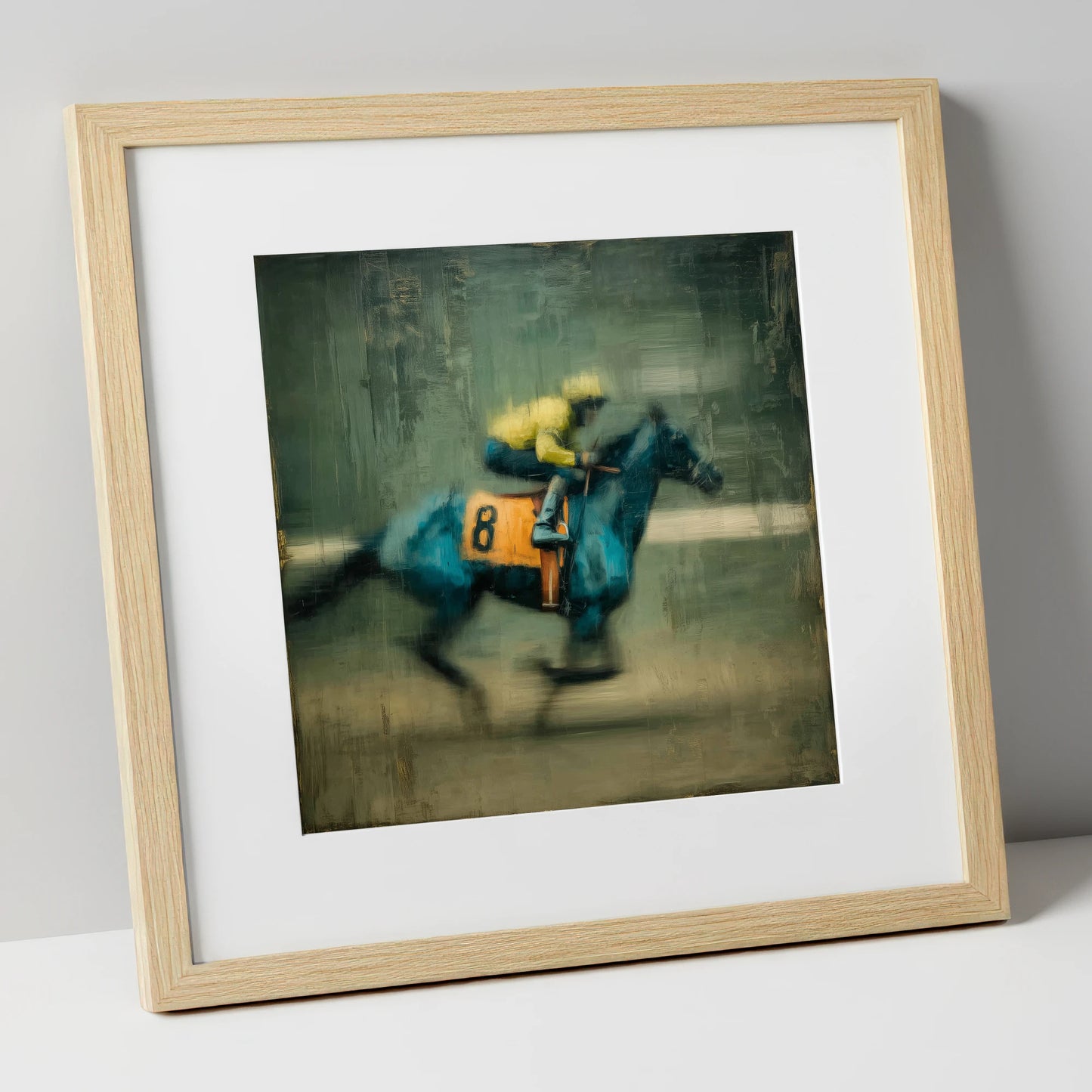 Number Eight at Speed racing horse art print in natural frame