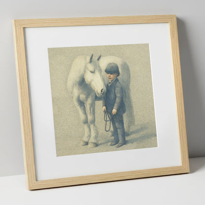 The Young Handler horse & rider art print in natural frame