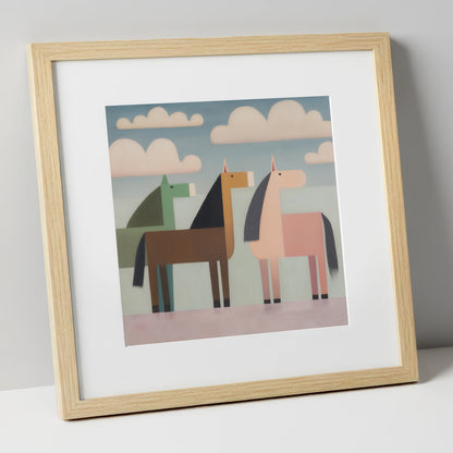 Serene Stylised Herd horse landscape art print in natural frame