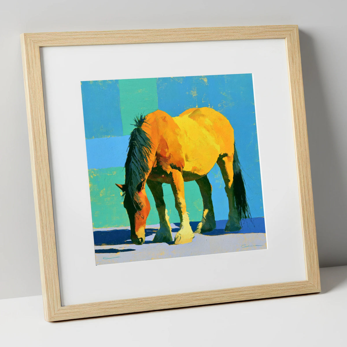 Vibrant Yellow Grazing Cob horse breed art print in natural frame