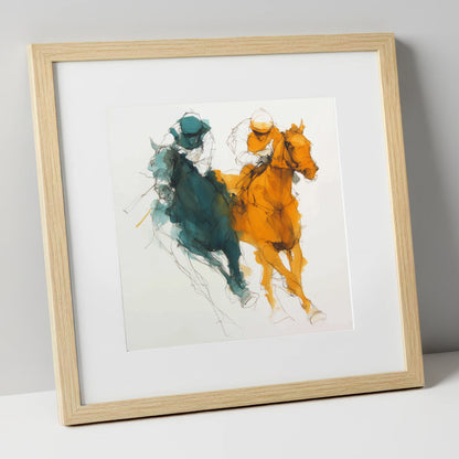 Dynamic Duel racing horse art print in natural frame