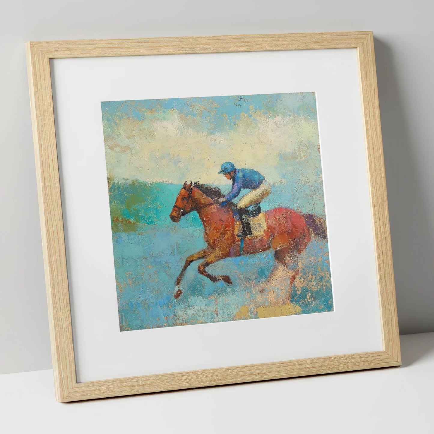 Flight in Turquoise racing horse art print in natural frame