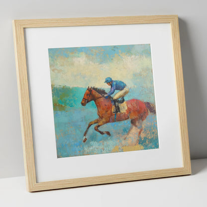 Flight in Turquoise racing horse art print in natural frame