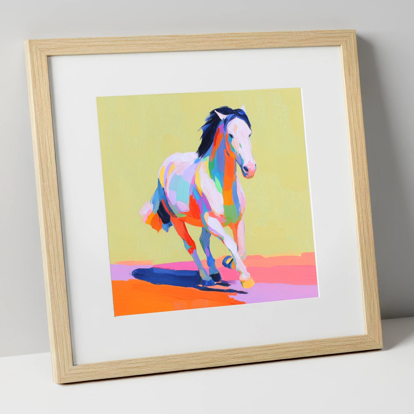Technicolour Canter horse breed art print in natural frame