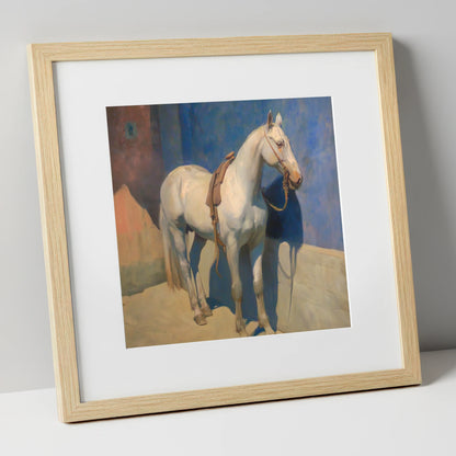 Sunlit Grey against Azure horse breed art print in natural frame