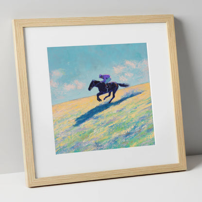 Gallop Across Gold racing horse art print in natural frame