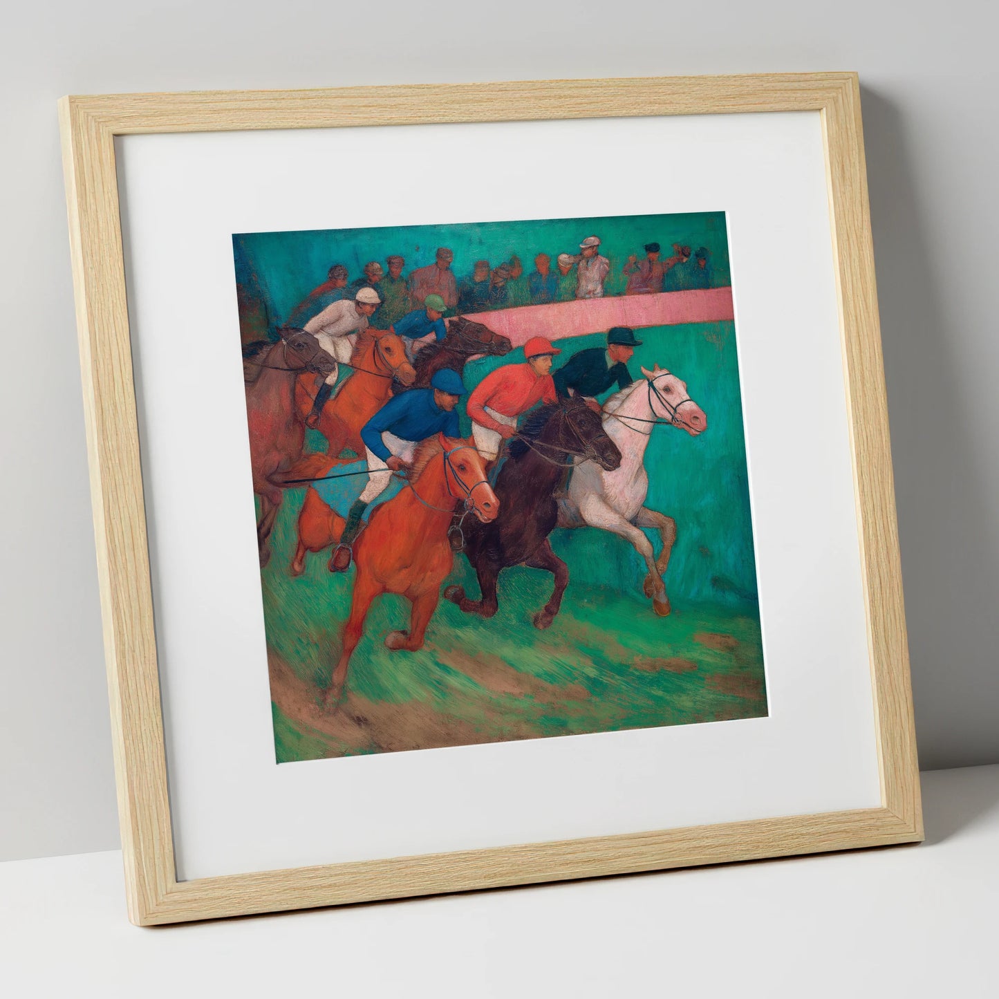 The Vibrant Furlong racing horse art print in natural frame