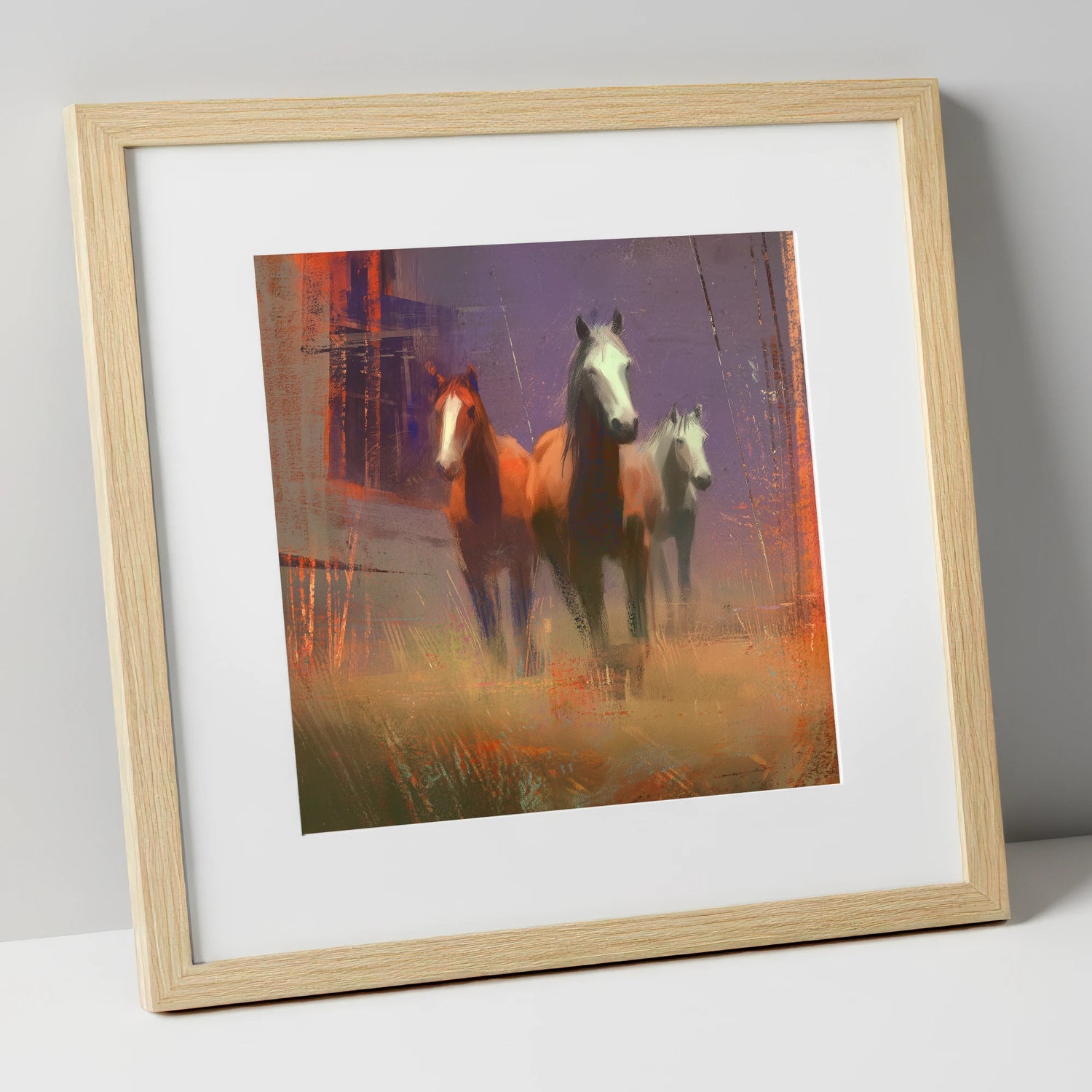 Haze and Embers wild horses art print in natural frame