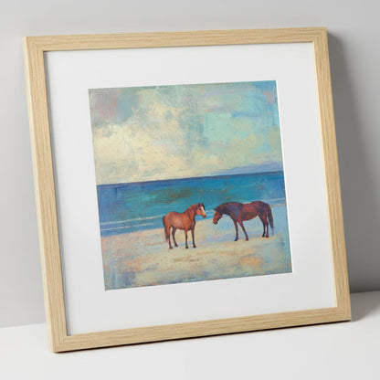 Shoreline Companions horse landscape art print in natural frame