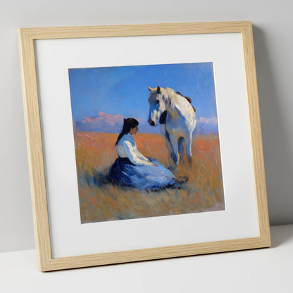 Golden Hour Companions horse & rider art print in natural frame