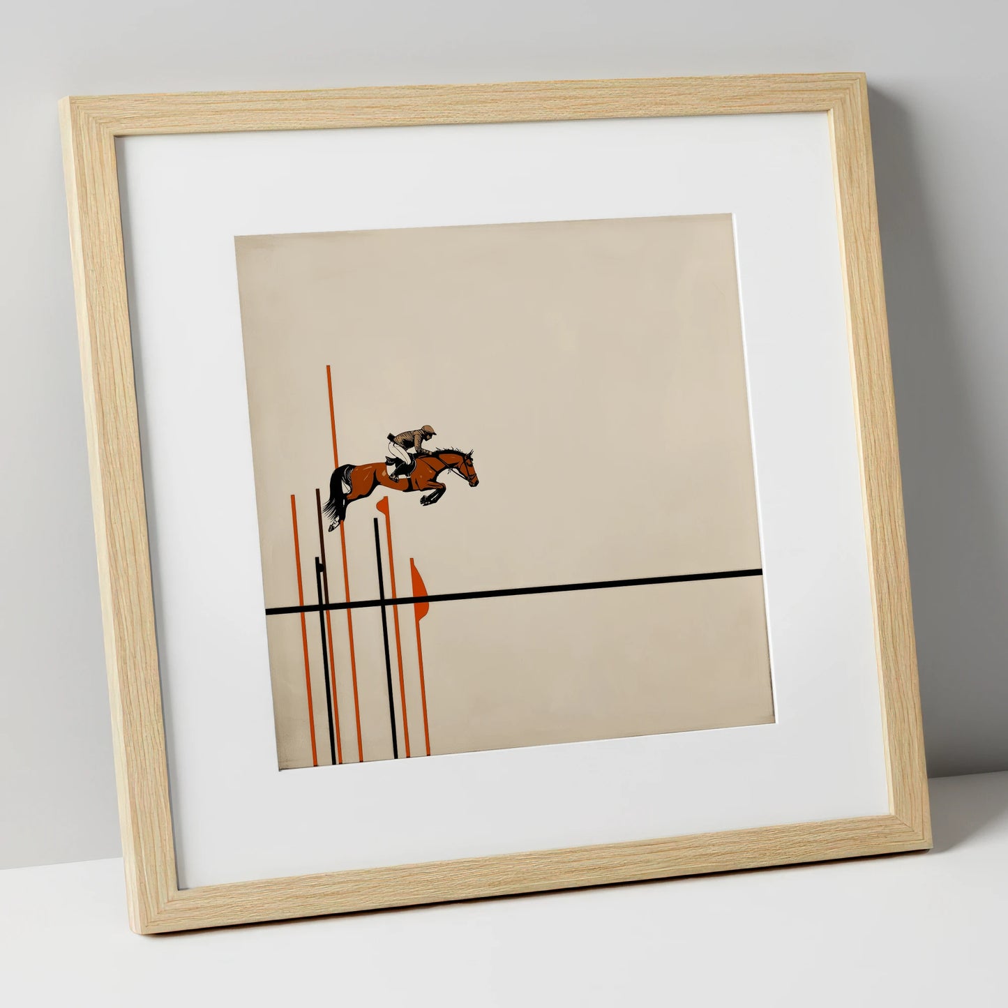 Minimalist Clearance show jumping horse art print in natural frame