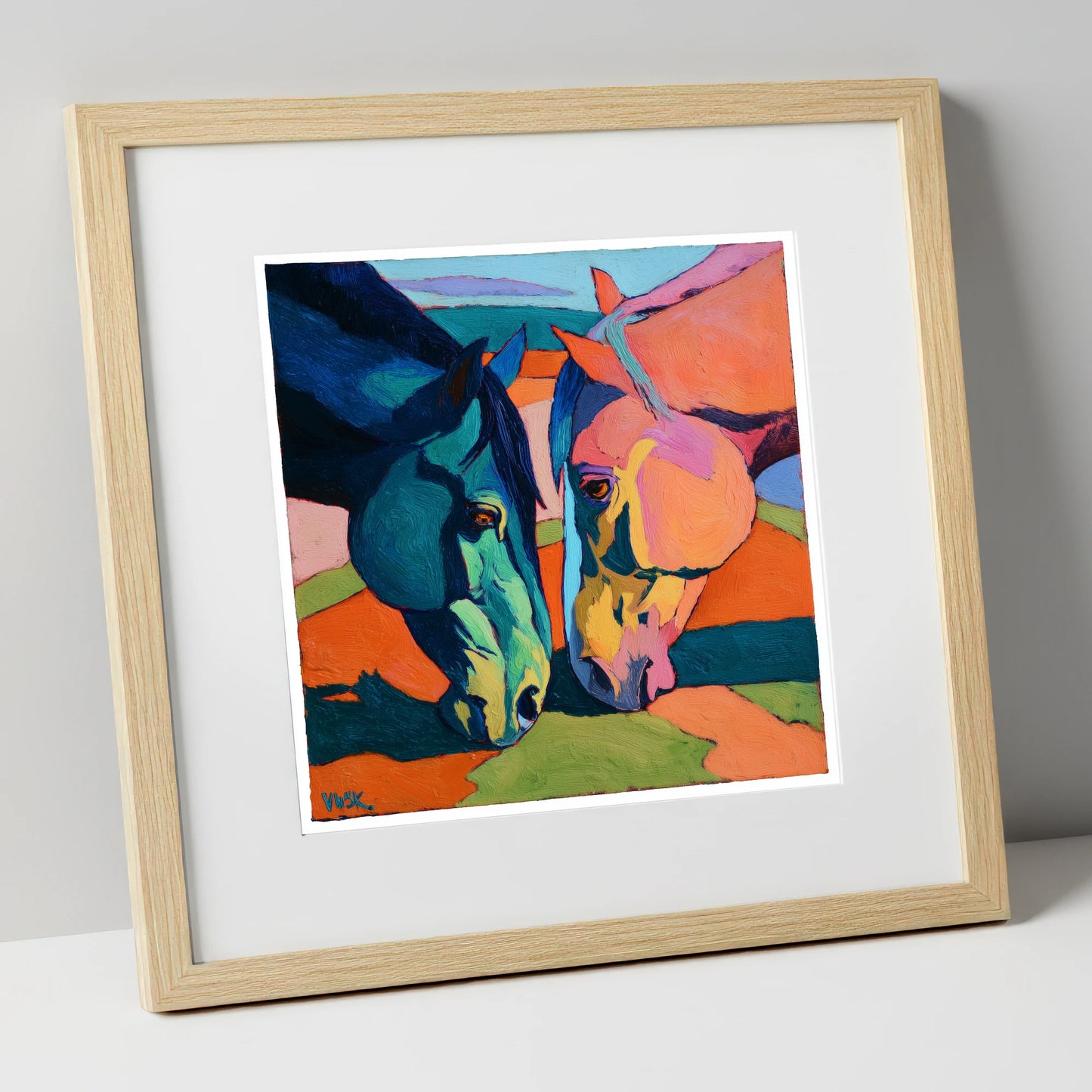 Vibrant Companions horse portrait art print in natural frame