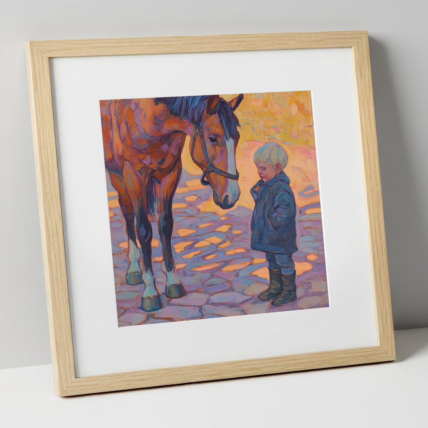 The Gentle Encounter horse & rider art print in natural frame