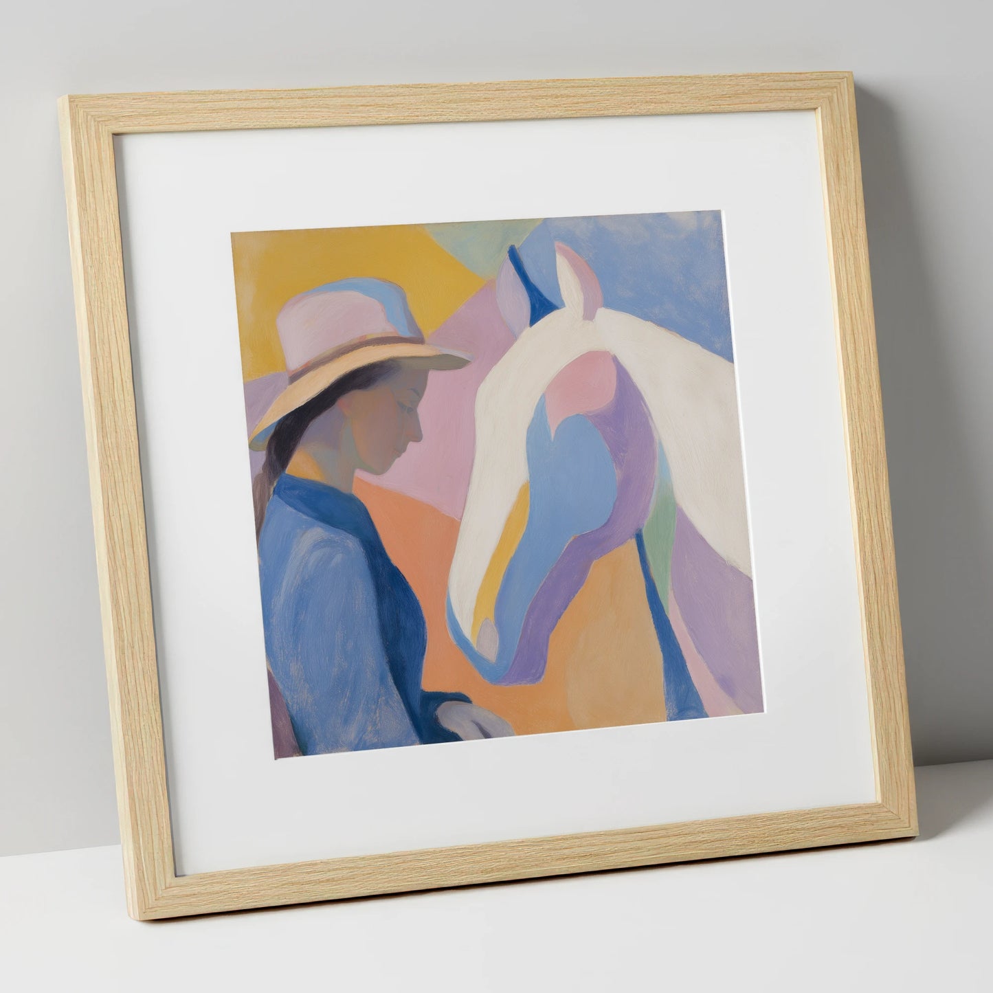 Quiet Harmony horse & rider art print in natural frame