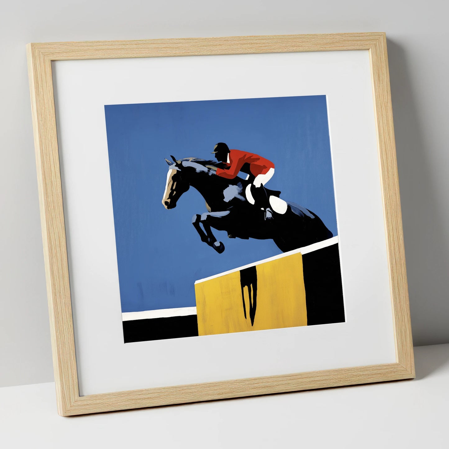 Suspended in Blue show jumping horse art print in natural frame