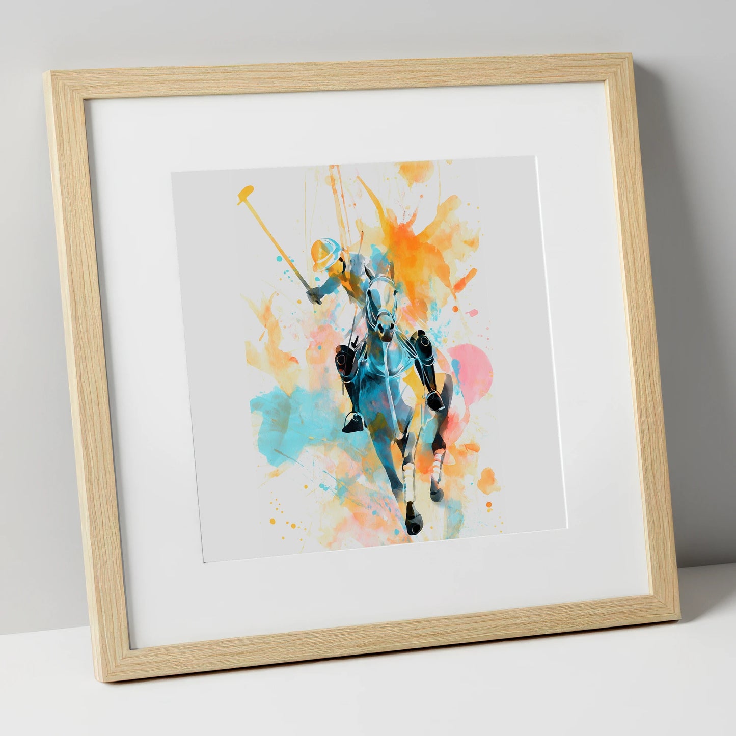 The Decisive Strike polo horse art print in natural frame