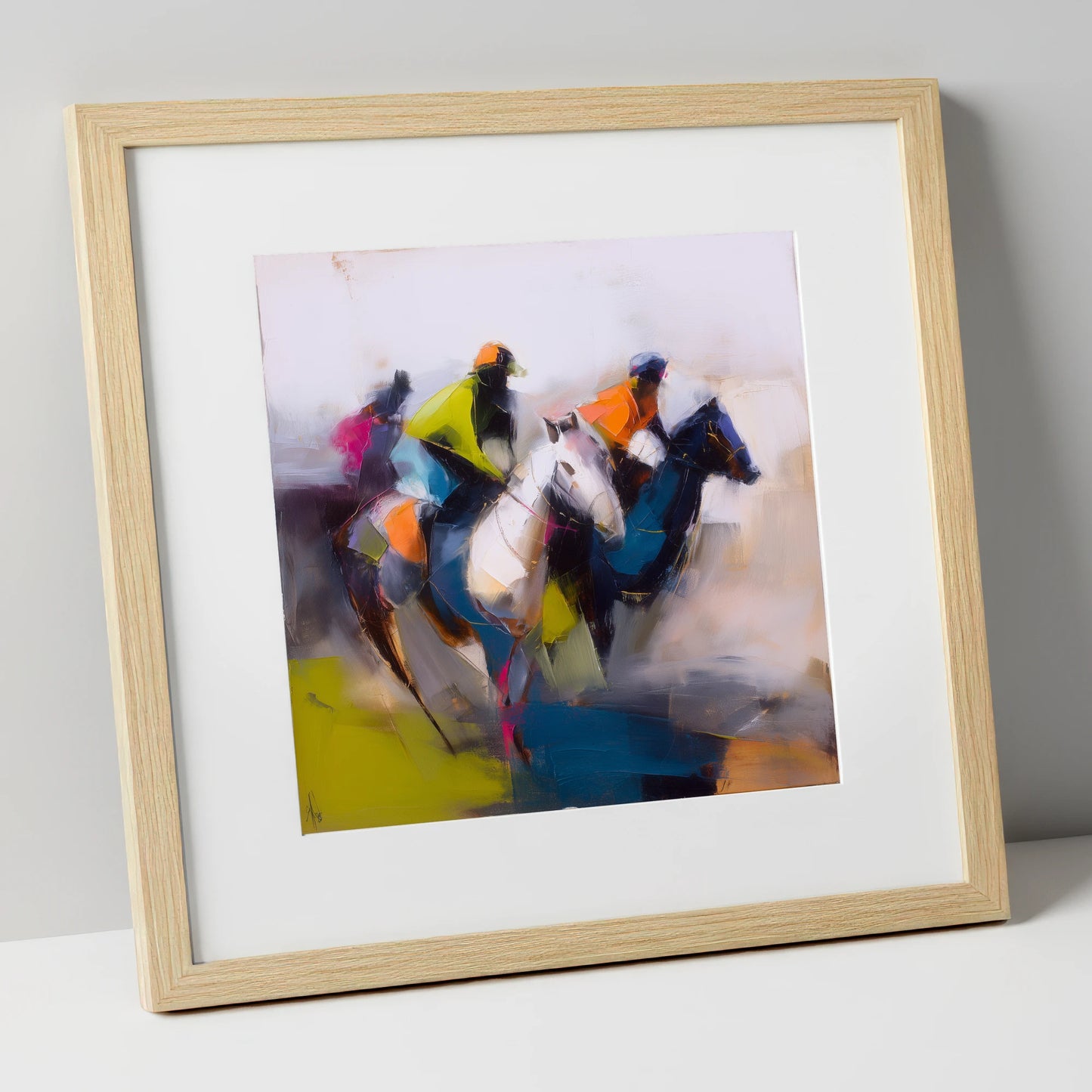 The Vibrant Chase racing horse art print in natural frame