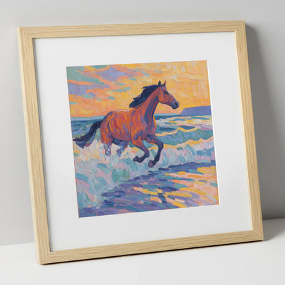 Painted Tide Canter beach horse art print in natural frame